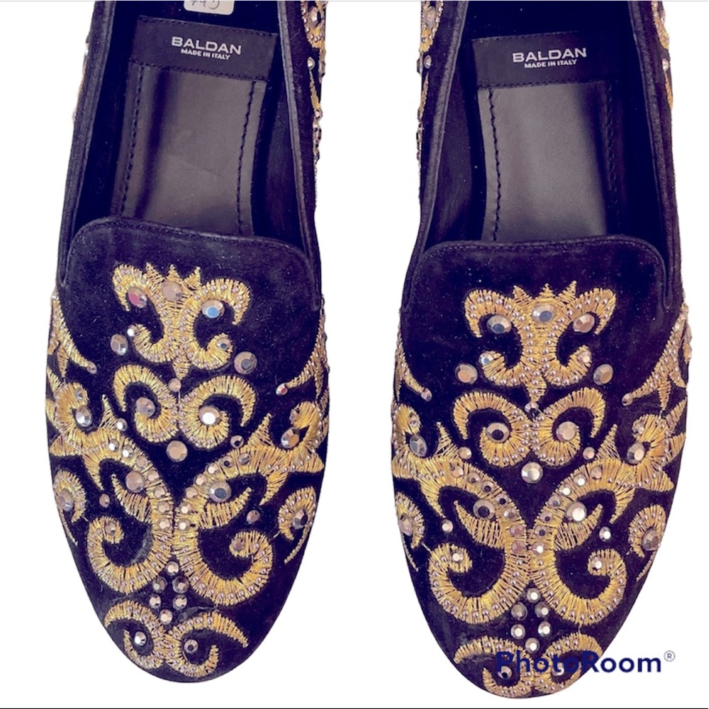 BALDAN black, gold embellished suede flat in 38EU..Never worn - Picture 2 of 7